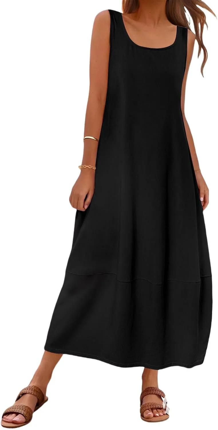 Womens Casual Maxi Sundresses Sleeveless Midi Dress Swing Tank Sundress Loose Fit Tank Dress