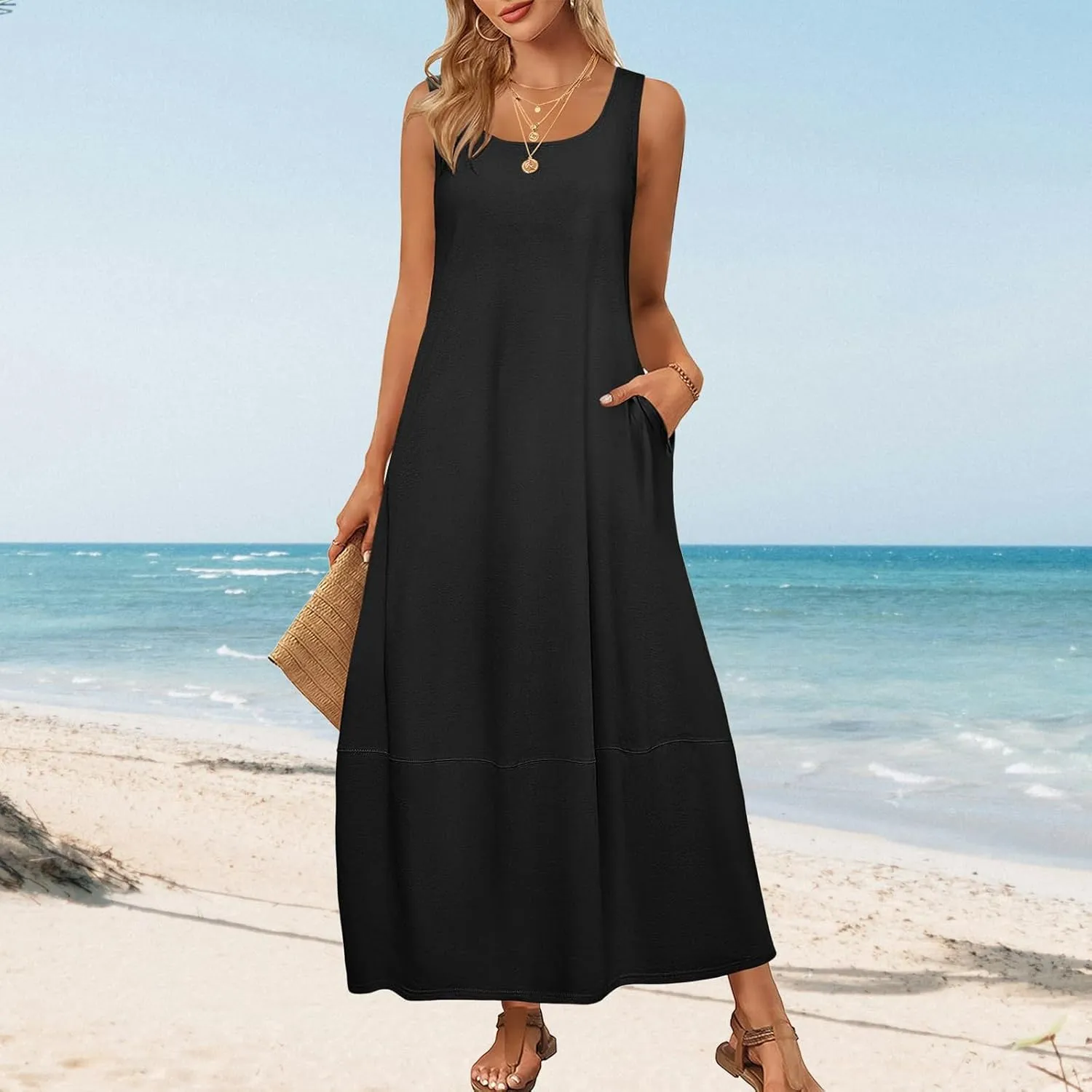 Womens Casual Maxi Sundresses Sleeveless Midi Dress Swing Tank Sundress Loose Fit Tank Dress