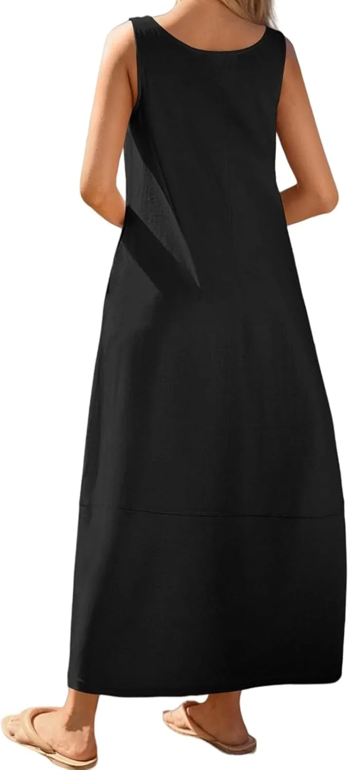 Womens Casual Maxi Sundresses Sleeveless Midi Dress Swing Tank Sundress Loose Fit Tank Dress