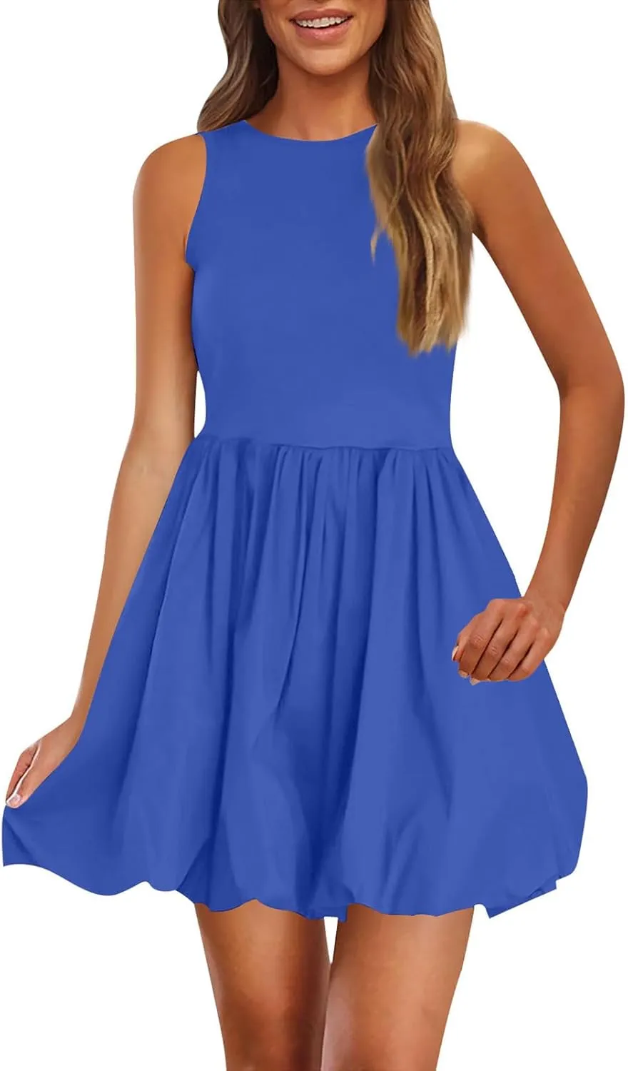 Womens Casual Summer Dresses Business Mini Dress Sleeveless Tank Short Dress Crew Neck Bubble Beach Sundress Pockets