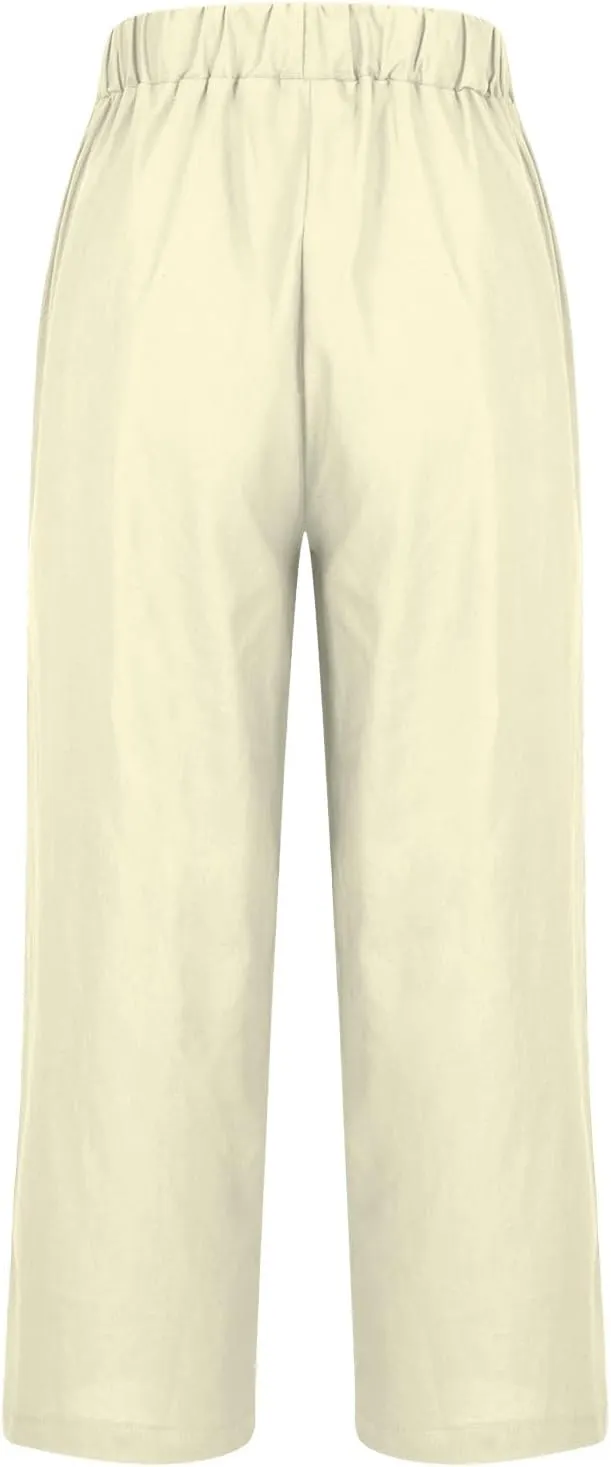 Women's Cotton and Linen Pants Summer Straight Loose Comfortable Work Lounge Beach Trousers with Pockets