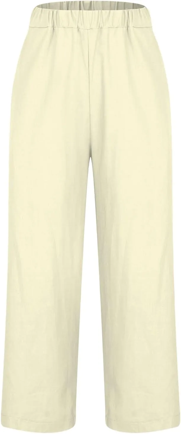 Women's Cotton and Linen Pants Summer Straight Loose Comfortable Work Lounge Beach Trousers with Pockets