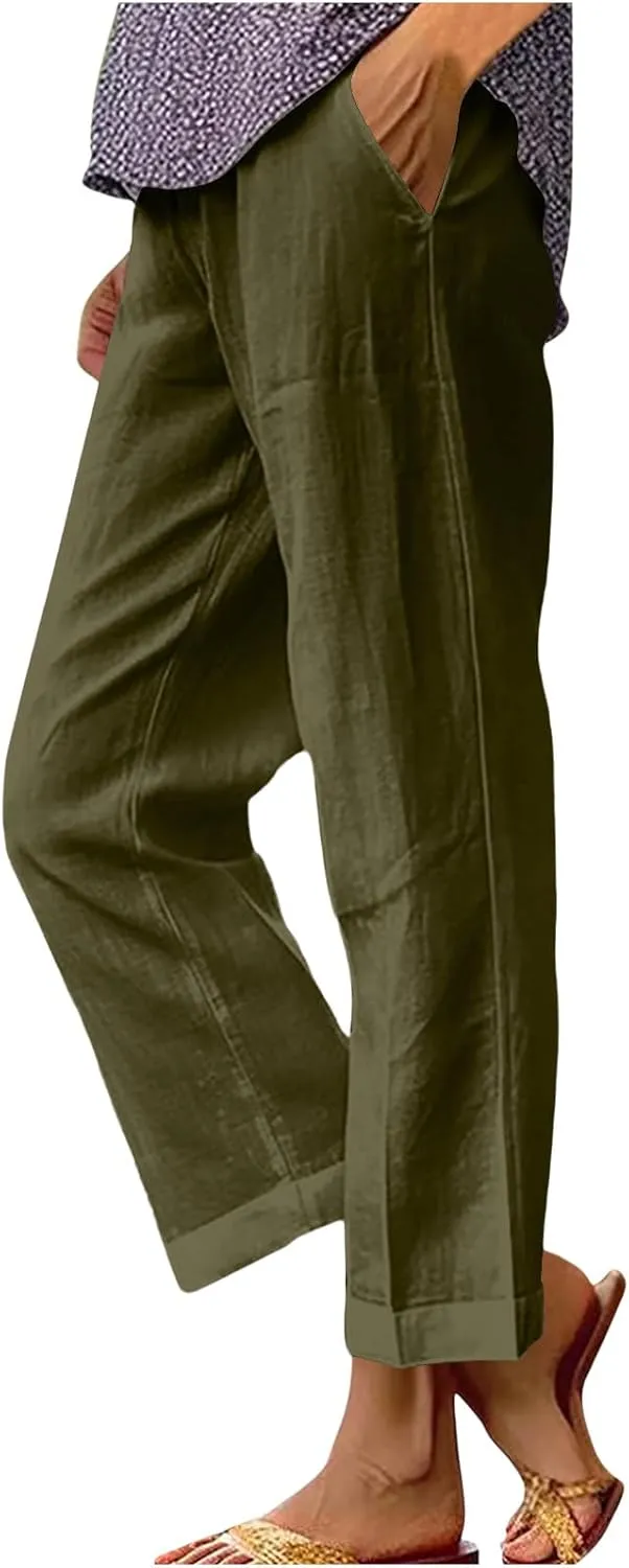 Women's Cotton and Linen Pants Summer Straight Loose Comfortable Work Lounge Beach Trousers with Pockets