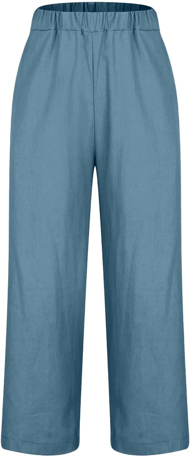 Women's Cotton and Linen Pants Summer Straight Loose Comfortable Work Lounge Beach Trousers with Pockets