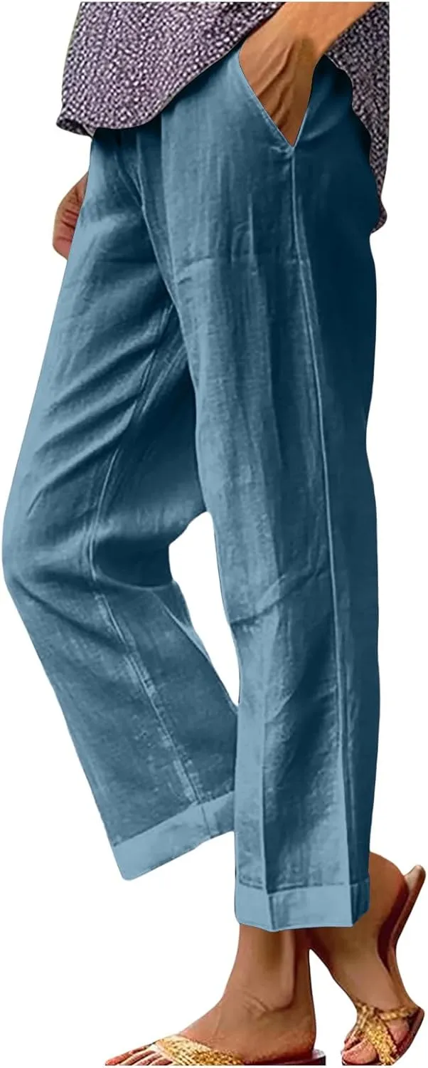 Women's Cotton and Linen Pants Summer Straight Loose Comfortable Work Lounge Beach Trousers with Pockets