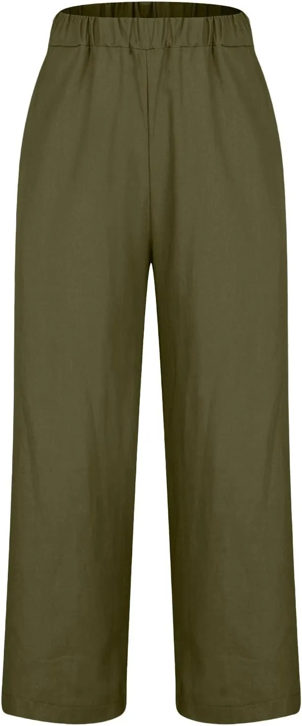 Women's Cotton and Linen Pants Summer Straight Loose Comfortable Work Lounge Beach Trousers with Pockets