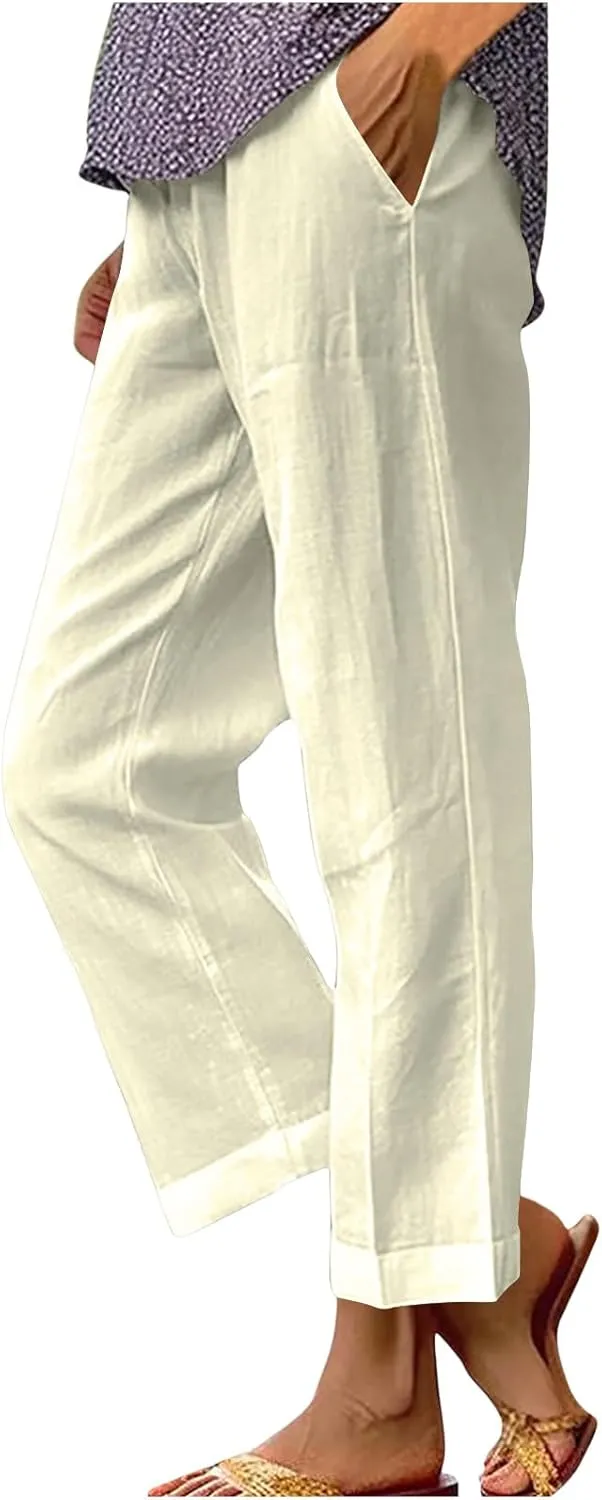 Women's Cotton and Linen Pants Summer Straight Loose Comfortable Work Lounge Beach Trousers with Pockets