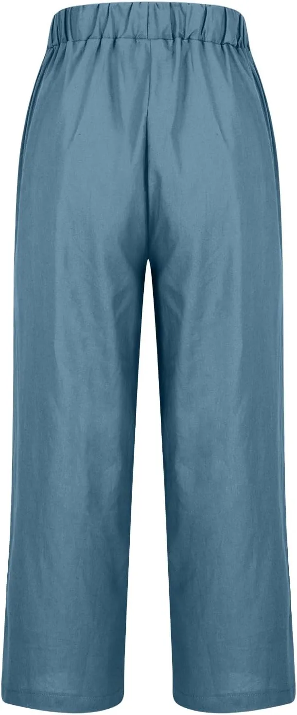 Women's Cotton and Linen Pants Summer Straight Loose Comfortable Work Lounge Beach Trousers with Pockets