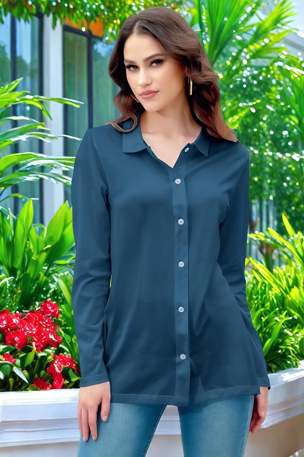 Women's Cotton Basic Button Down Shirt Long Sleeve Wrinkle Free Collared Blouse Lightweight Soft Comfortable Jersey Knit Tops