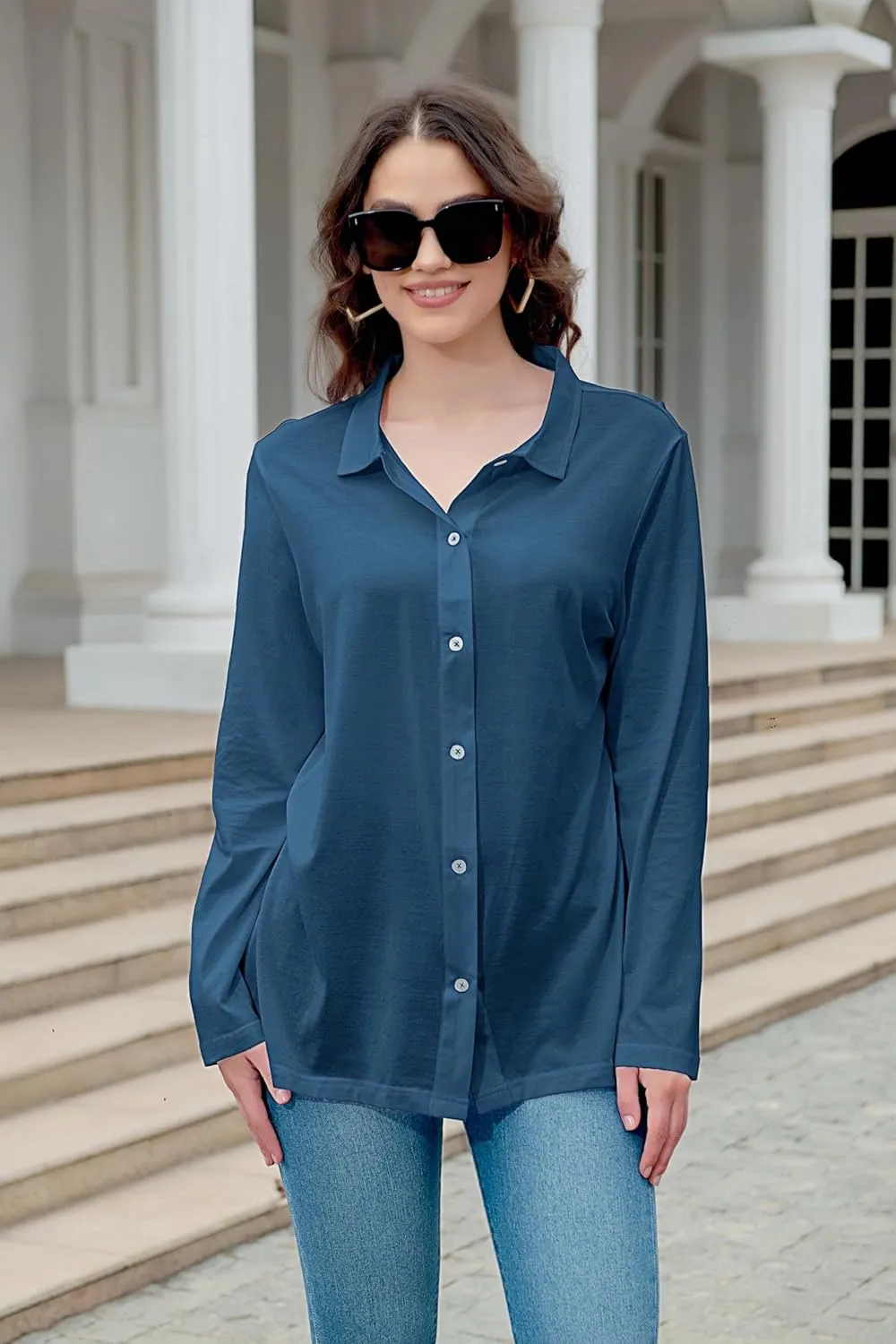 Women's Cotton Basic Button Down Shirt Long Sleeve Wrinkle Free Collared Blouse Lightweight Soft Comfortable Jersey Knit Tops
