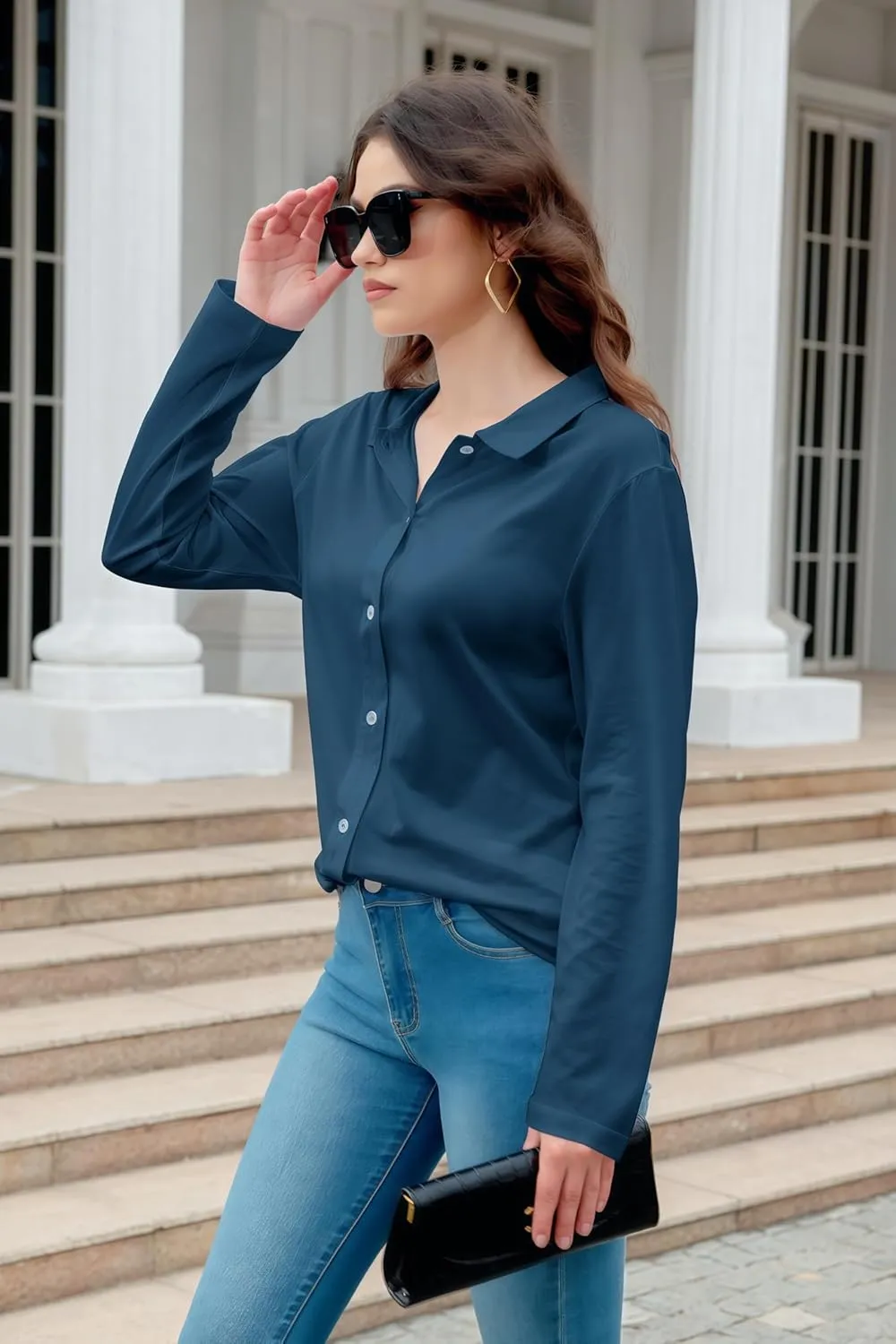 Women's Cotton Basic Button Down Shirt Long Sleeve Wrinkle Free Collared Blouse Lightweight Soft Comfortable Jersey Knit Tops