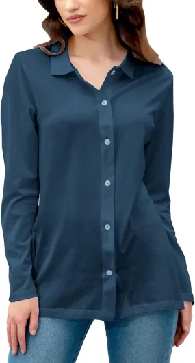 Women's Cotton Basic Button Down Shirt Long Sleeve Wrinkle Free Collared Blouse Lightweight Soft Comfortable Jersey Knit Tops