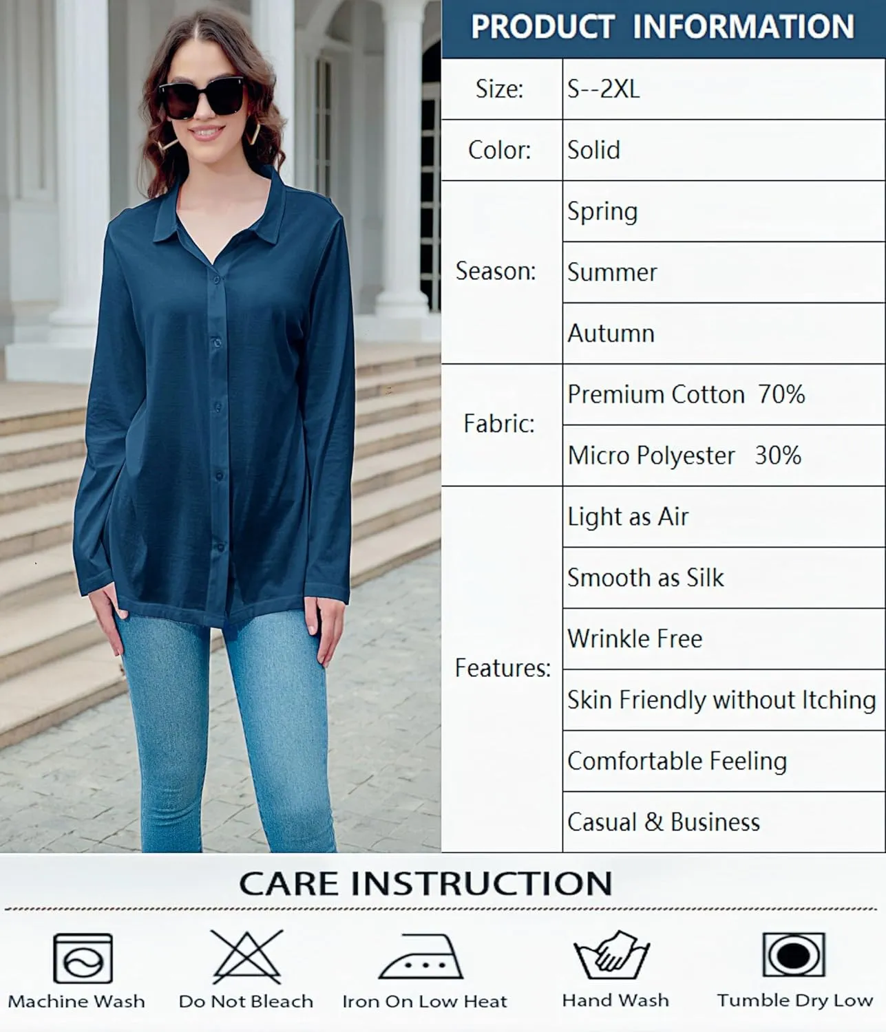 Women's Cotton Basic Button Down Shirt Long Sleeve Wrinkle Free Collared Blouse Lightweight Soft Comfortable Jersey Knit Tops