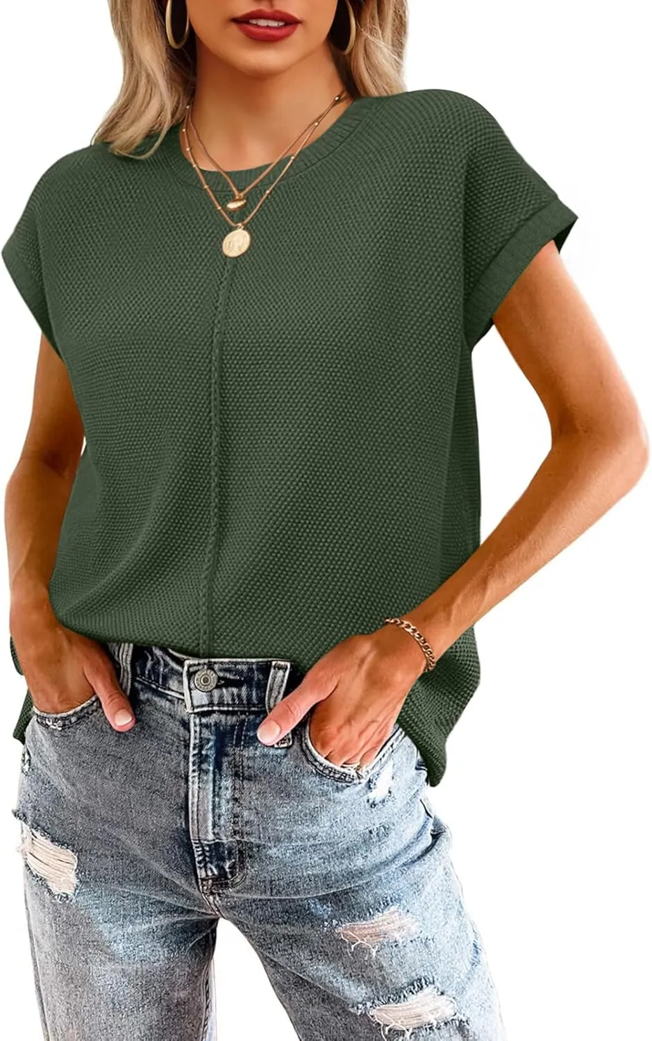 Women's Green Sleeveless Waffle Knit Sweater Vest Loose Fit Chic Knit Cap Sleeve Tank Tops Texture Knitted Pullover Gifts