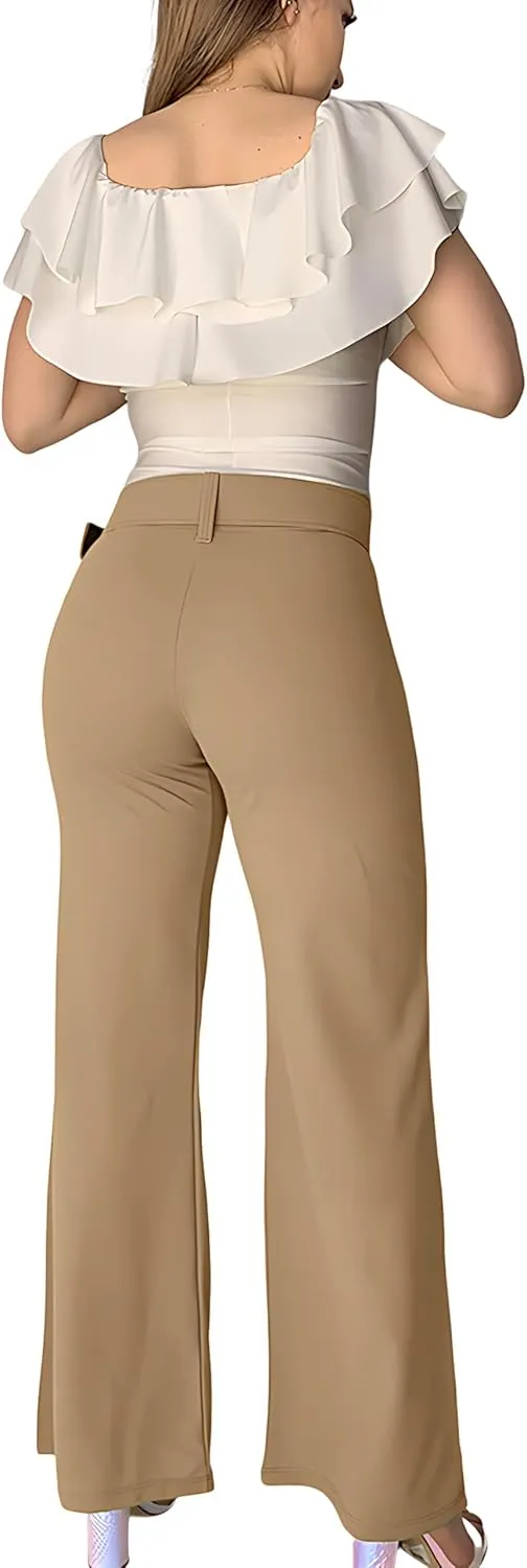 Women's High Waisted Dress Pants with Belt - Comfortable and Flexible Fit, with Stretch, Ideal for Office, Party and Date