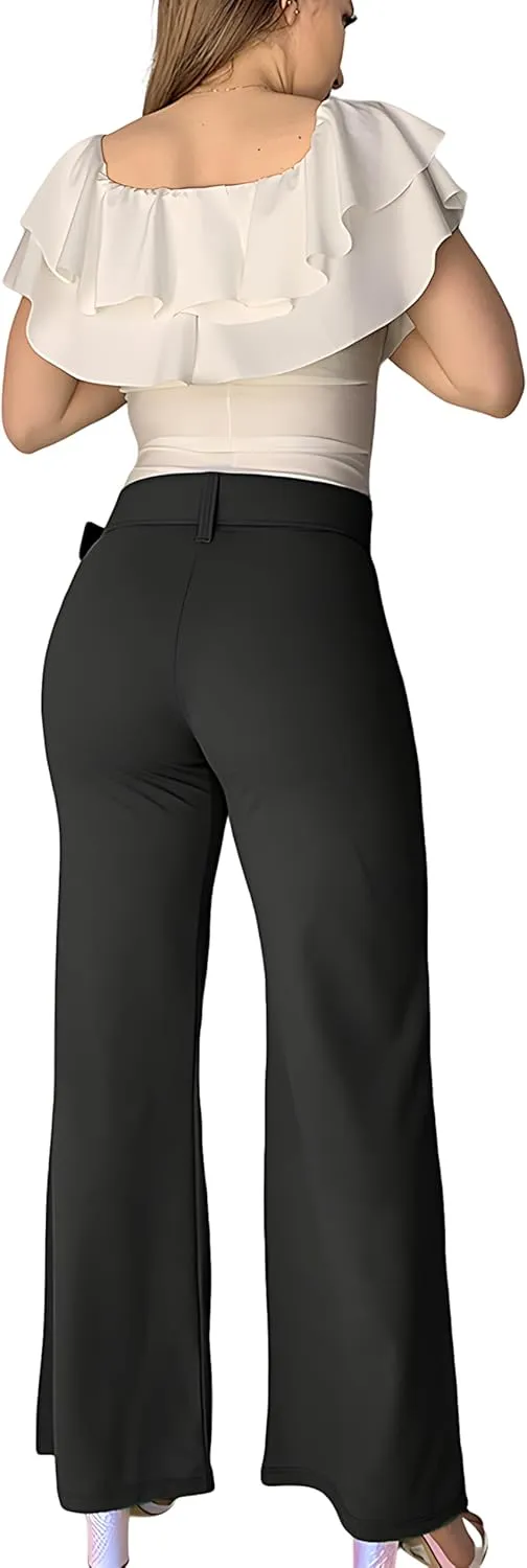 Women's High Waisted Dress Pants with Belt - Comfortable and Flexible Fit, with Stretch, Ideal for Office, Party and Date