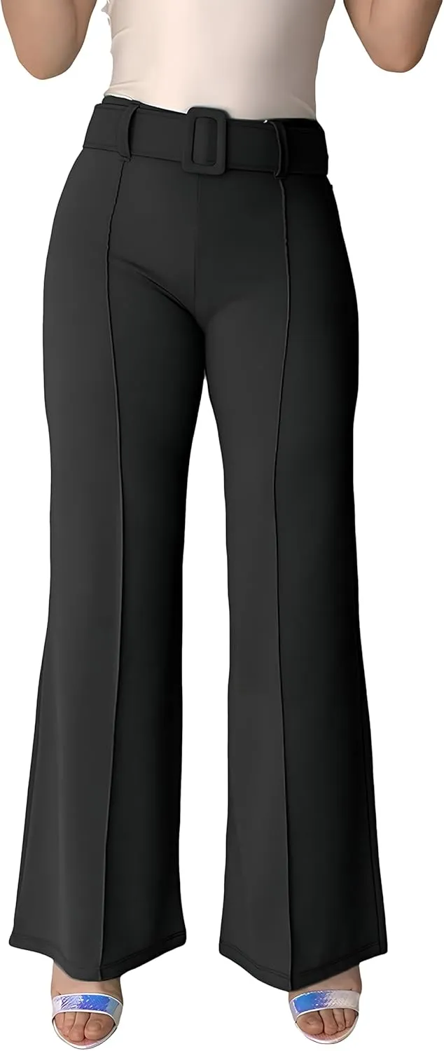 Women's High Waisted Dress Pants with Belt - Comfortable and Flexible Fit, with Stretch, Ideal for Office, Party and Date