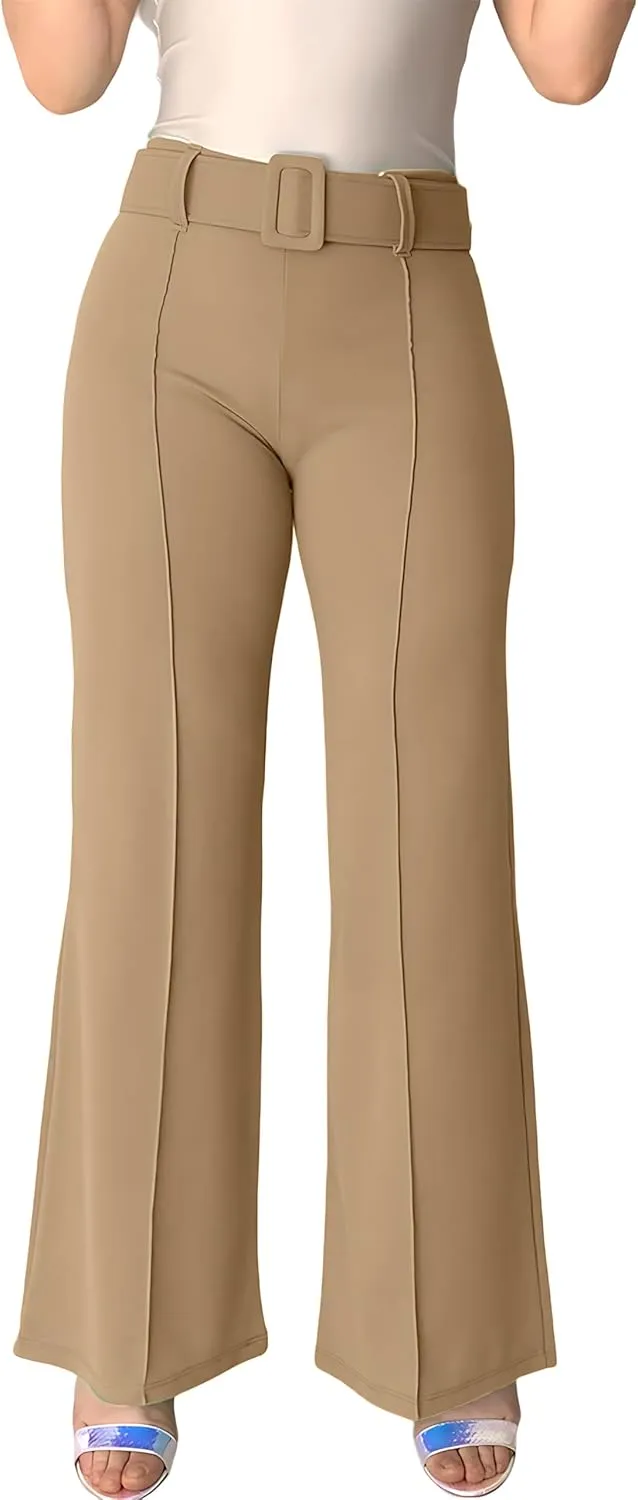 Women's High Waisted Dress Pants with Belt - Comfortable and Flexible Fit, with Stretch, Ideal for Office, Party and Date