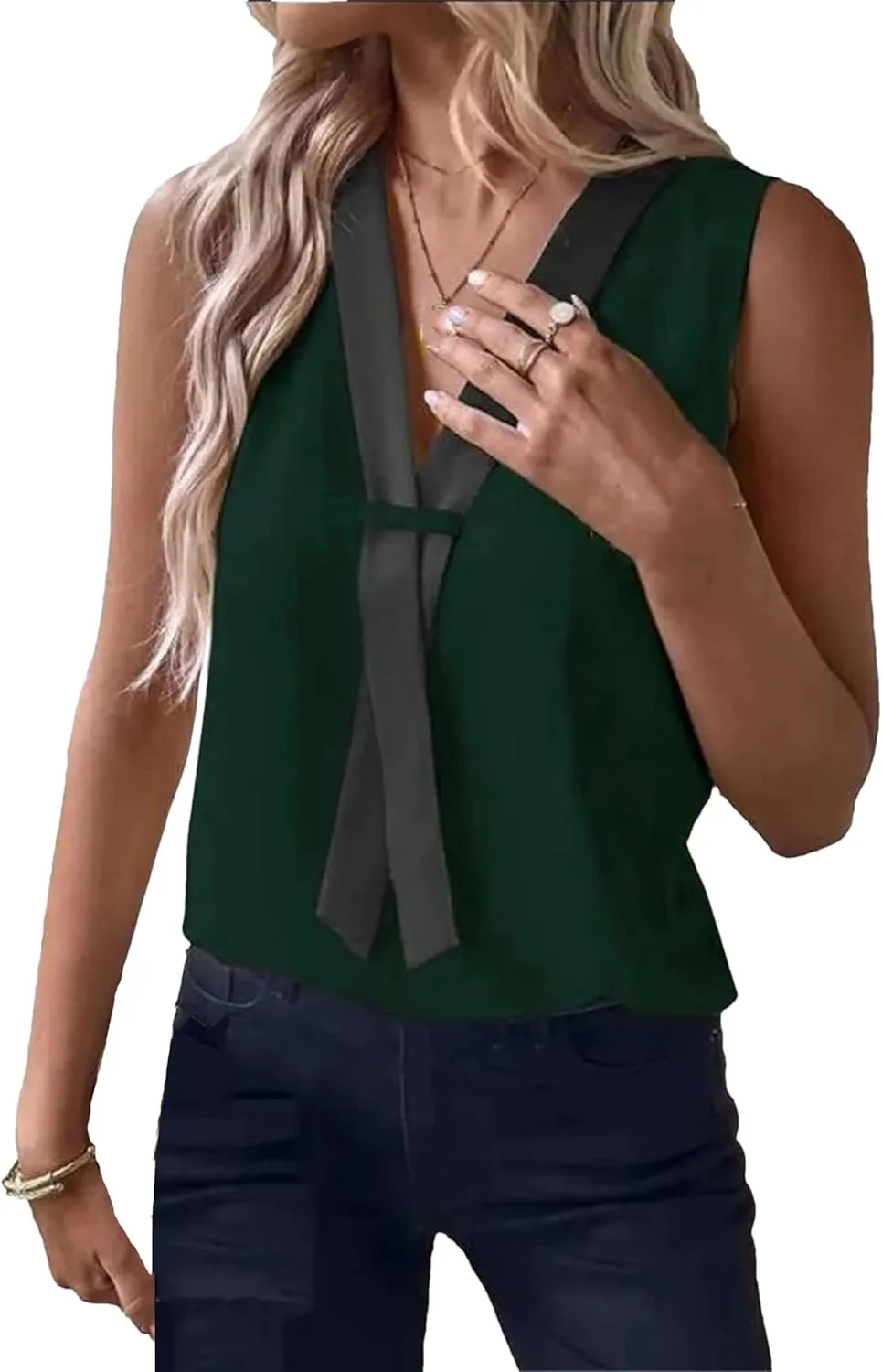 Women's Lightweight V-Neck Sleeveless Vest Summer Breathable Patchwork Work Blouses Shirt Casual Loose Fit Thank Top