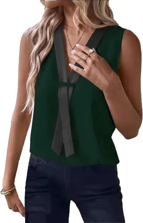 Women's Lightweight V-Neck Sleeveless Vest Summer Breathable Patchwork Work Blouses Shirt Casual Loose Fit Thank Top