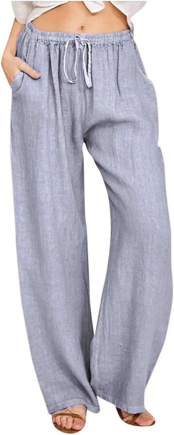 Women's Linen Pants, Summer Casual High Waist Loose Fit Drawstring Trousers with Pockets, Light Gray, Medium