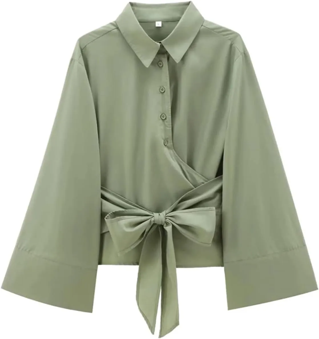 Women's Long Sleeve Kimono Shirt Bow Tie Front Button Shirt Lightweight Chic Tops