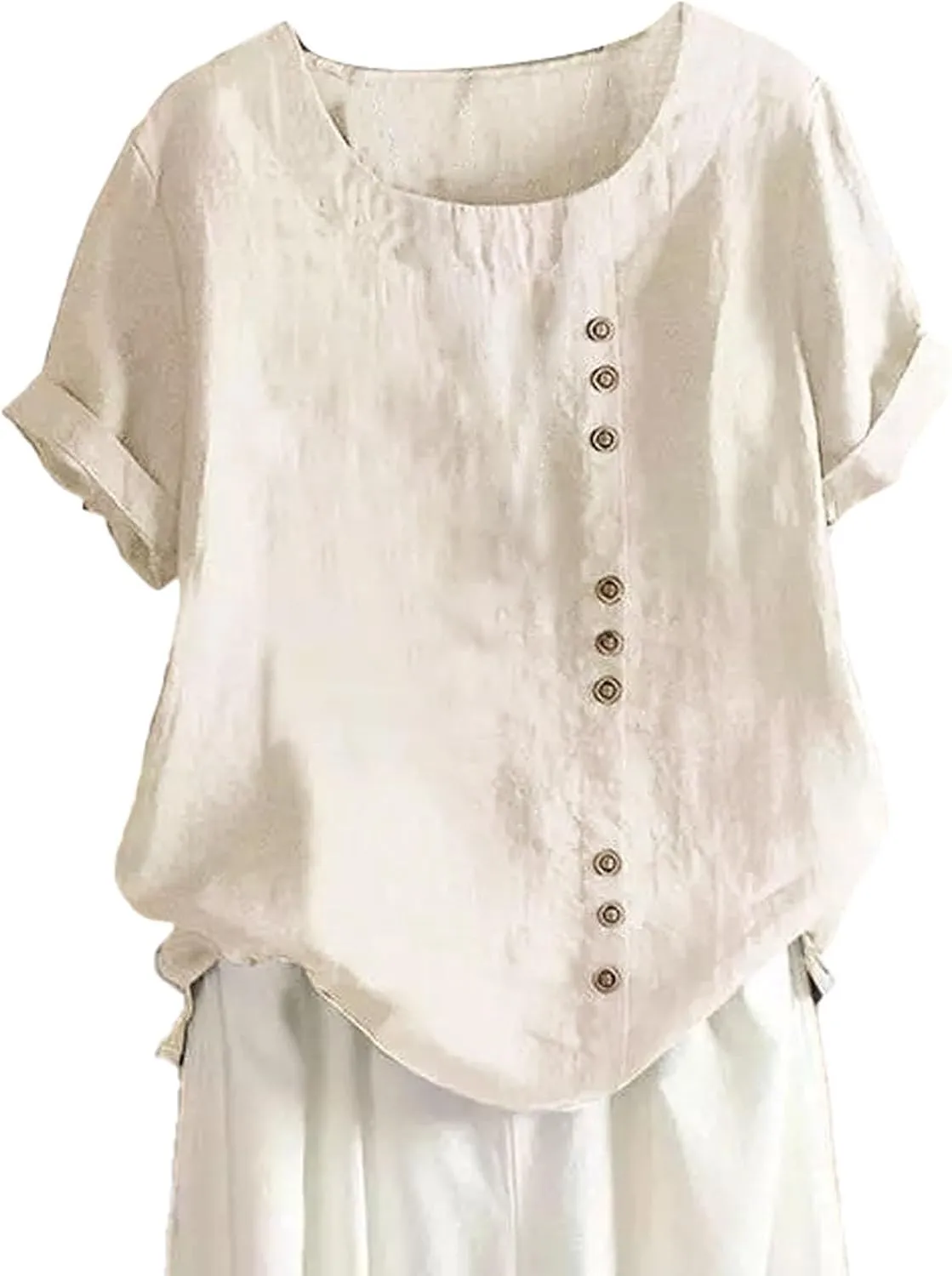 Women's Short Sleeve Cotton Linen Shirts Casual V Neck Soft T-Shirt Button Up Loose Summer Tshirts