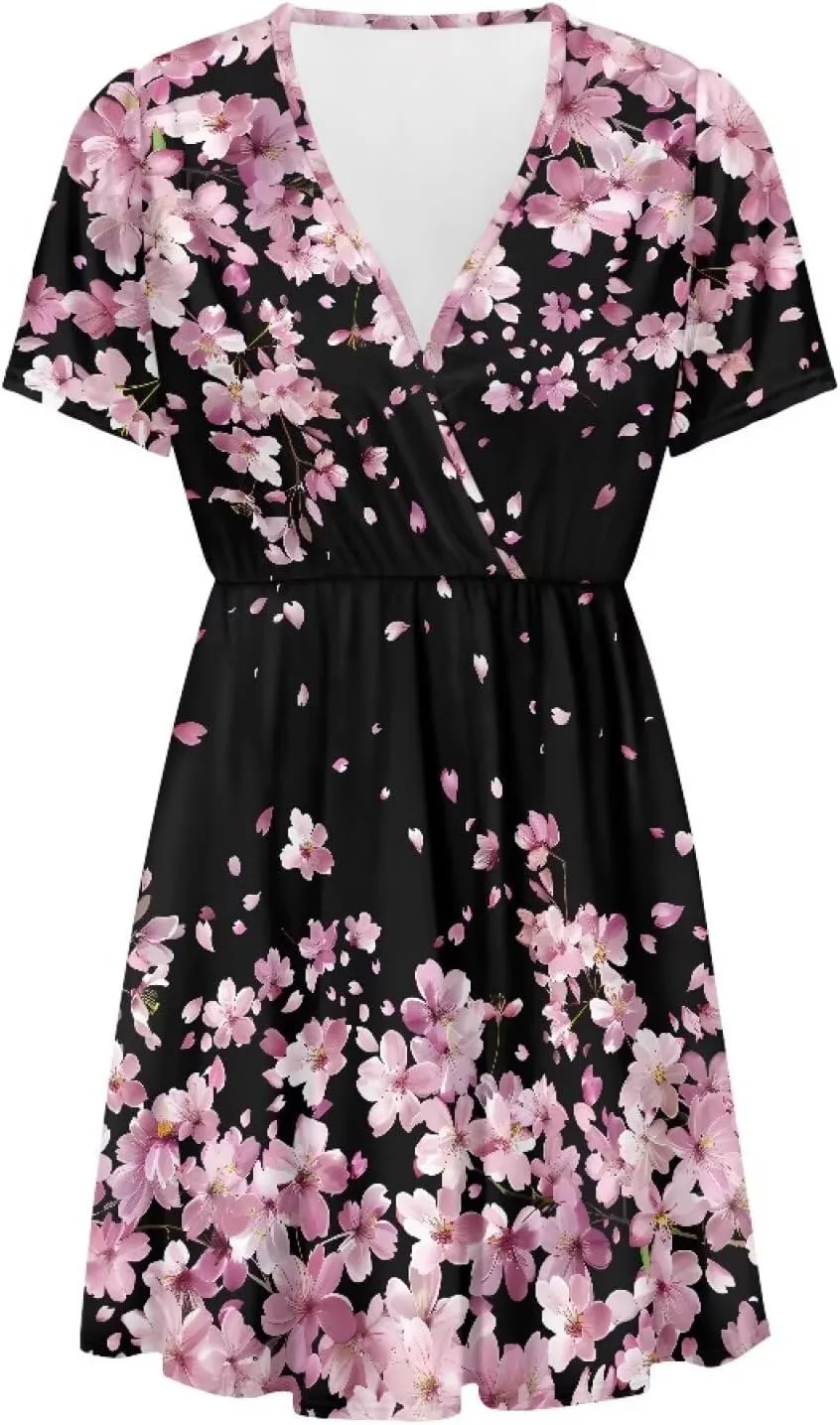Women's Short Sleeve Dress A Line V Neck Midi Dress Soft Comfortable Knee Length Flowy Summer Dresses