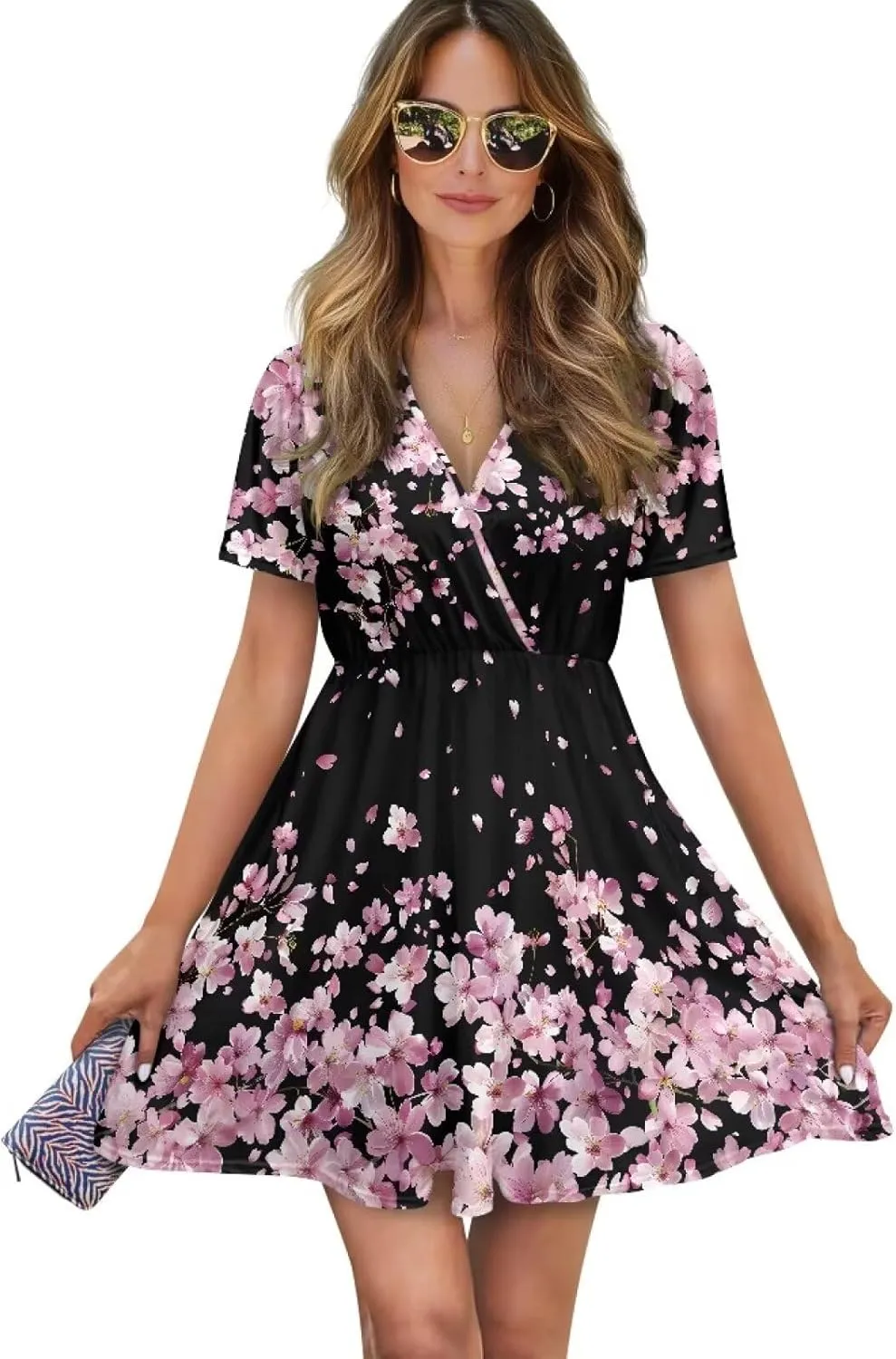 Women's Short Sleeve Dress A Line V Neck Midi Dress Soft Comfortable Knee Length Flowy Summer Dresses