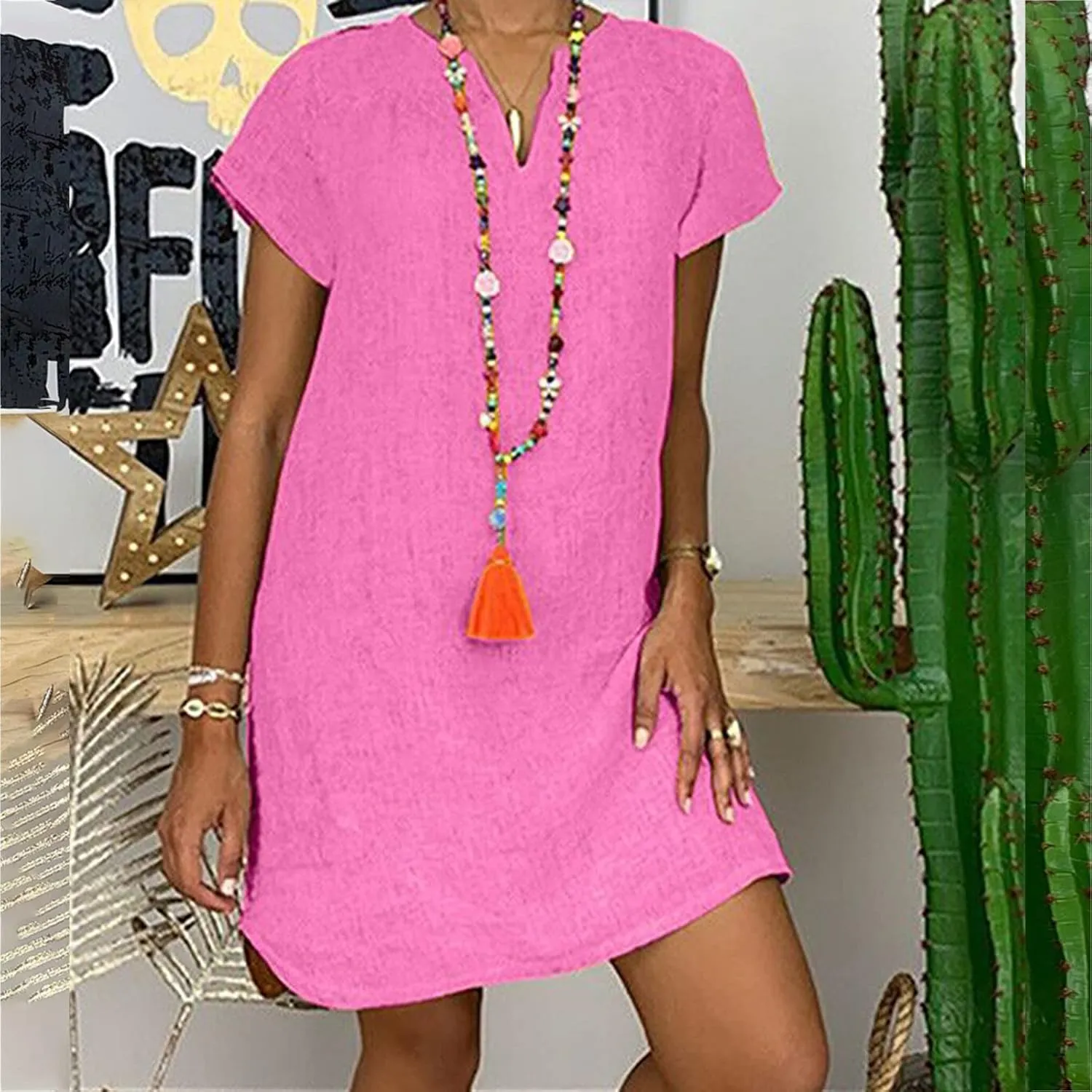 Women's Short Sleeve Loose Sundress Simple Solid Color Cotton Linen Dresses V-Neck Fashion Beach Dress