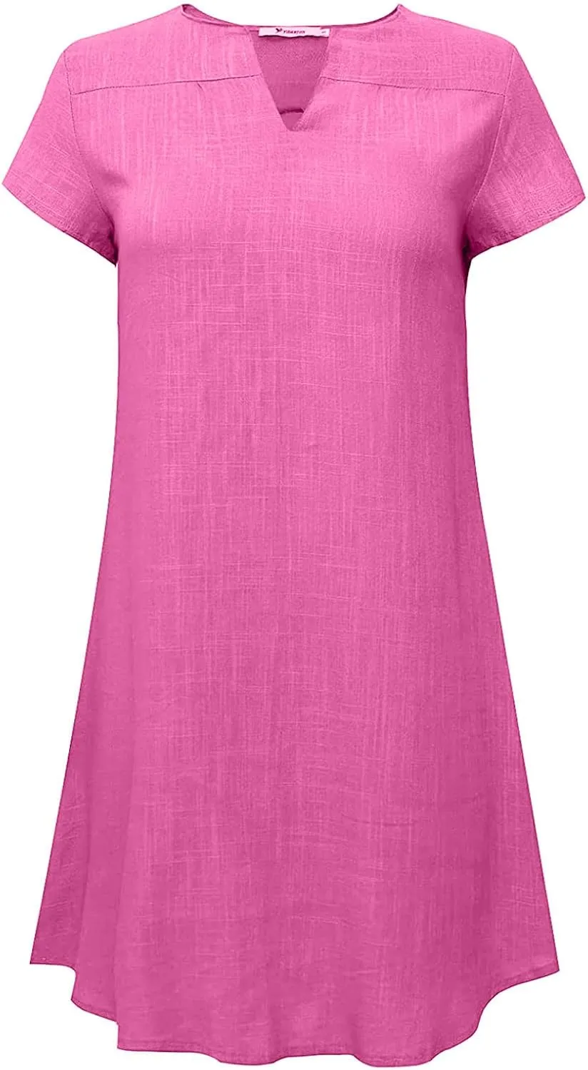 Women's Short Sleeve Loose Sundress Simple Solid Color Cotton Linen Dresses V-Neck Fashion Beach Dress