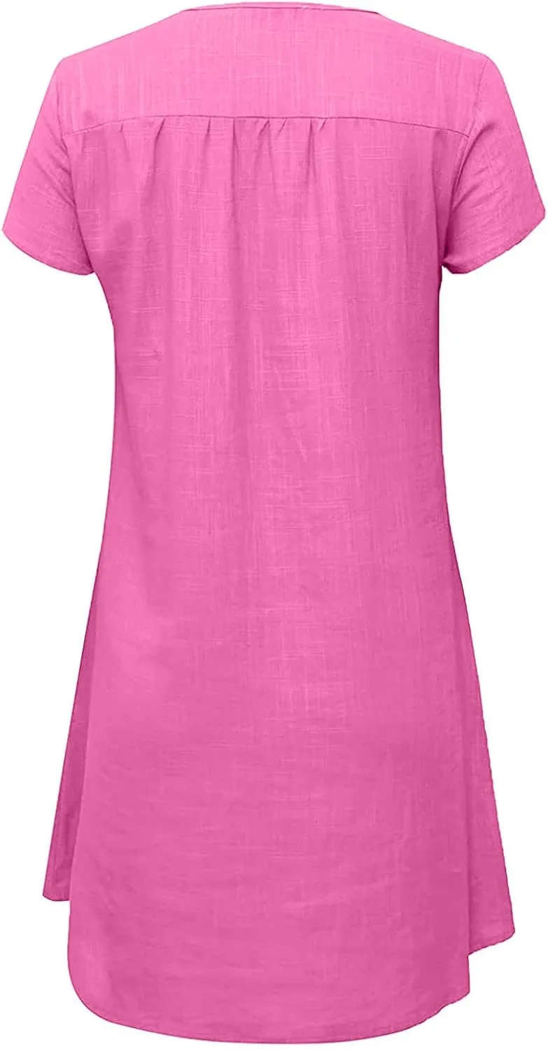 Women's Short Sleeve Loose Sundress Simple Solid Color Cotton Linen Dresses V-Neck Fashion Beach Dress