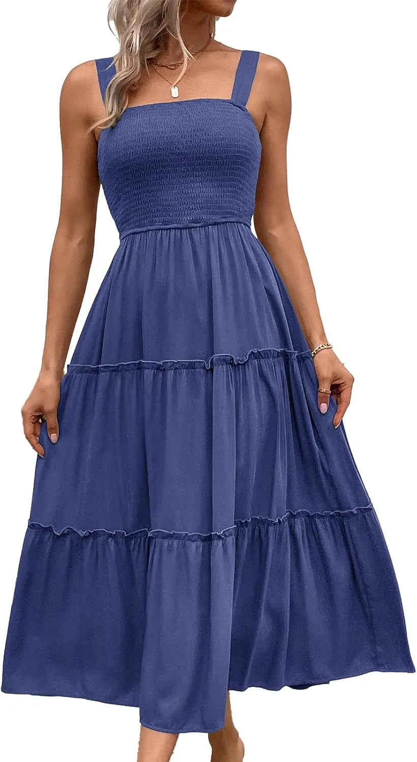 Womens Sleeveless Maxi Dress 2025 Summer Dresses Square Neck Smocked Ruffle Beach Sundress