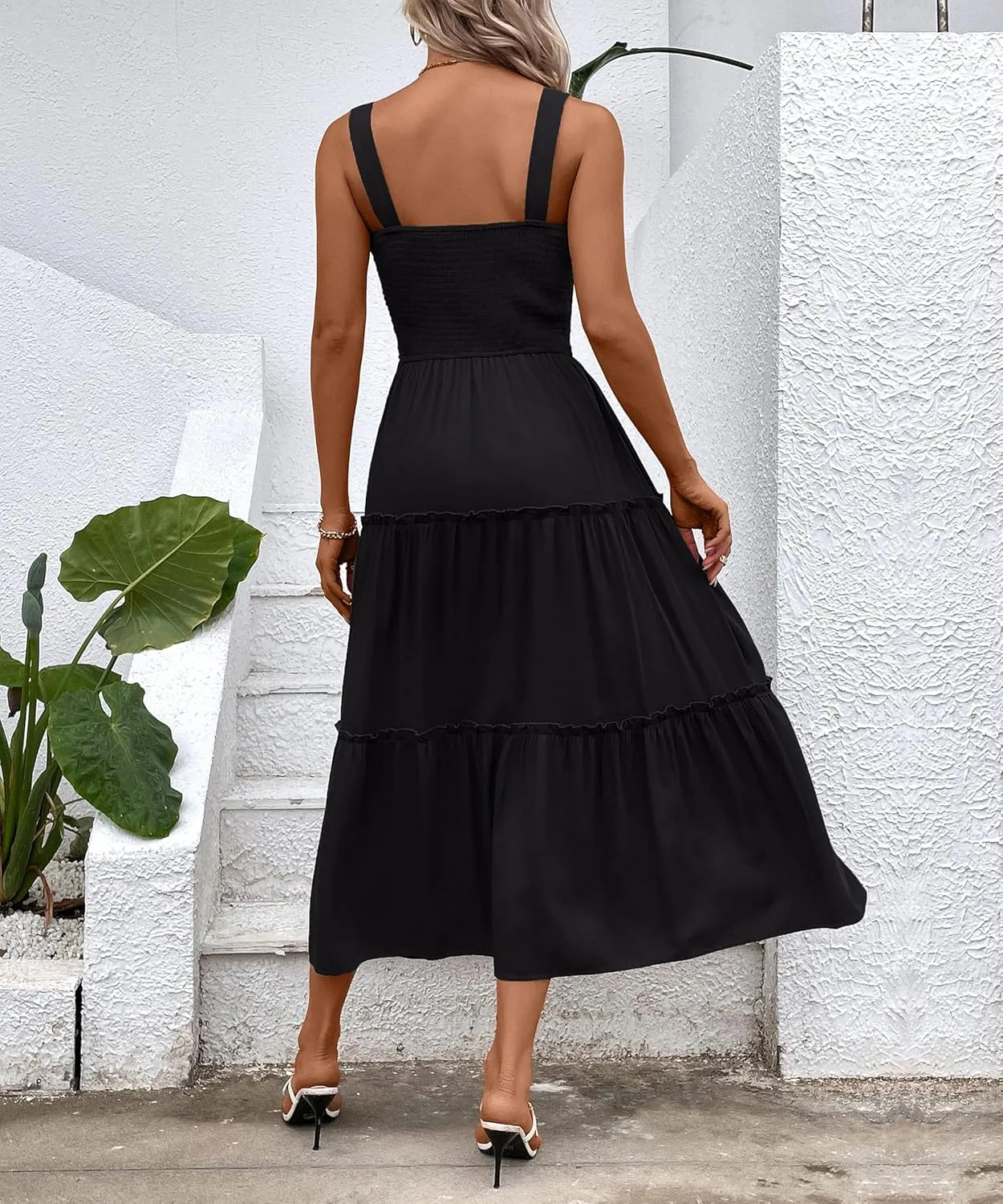 Womens Sleeveless Maxi Dress 2025 Summer Dresses Square Neck Smocked Ruffle Beach Sundress