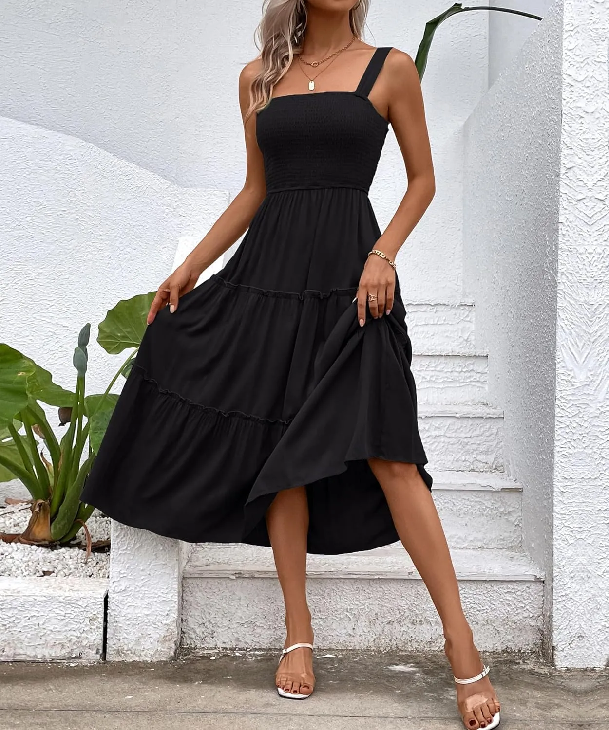 Womens Sleeveless Maxi Dress 2025 Summer Dresses Square Neck Smocked Ruffle Beach Sundress