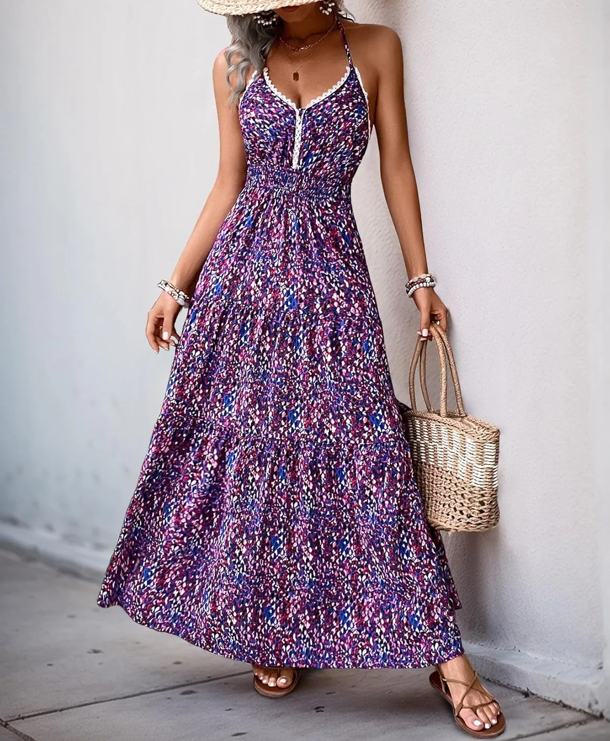 Womens Summer Floral Halter Maxi Dress Sleeveless V Neck Backless Dress Boho Side Slit Beach Sexy Long Flowy Sundress