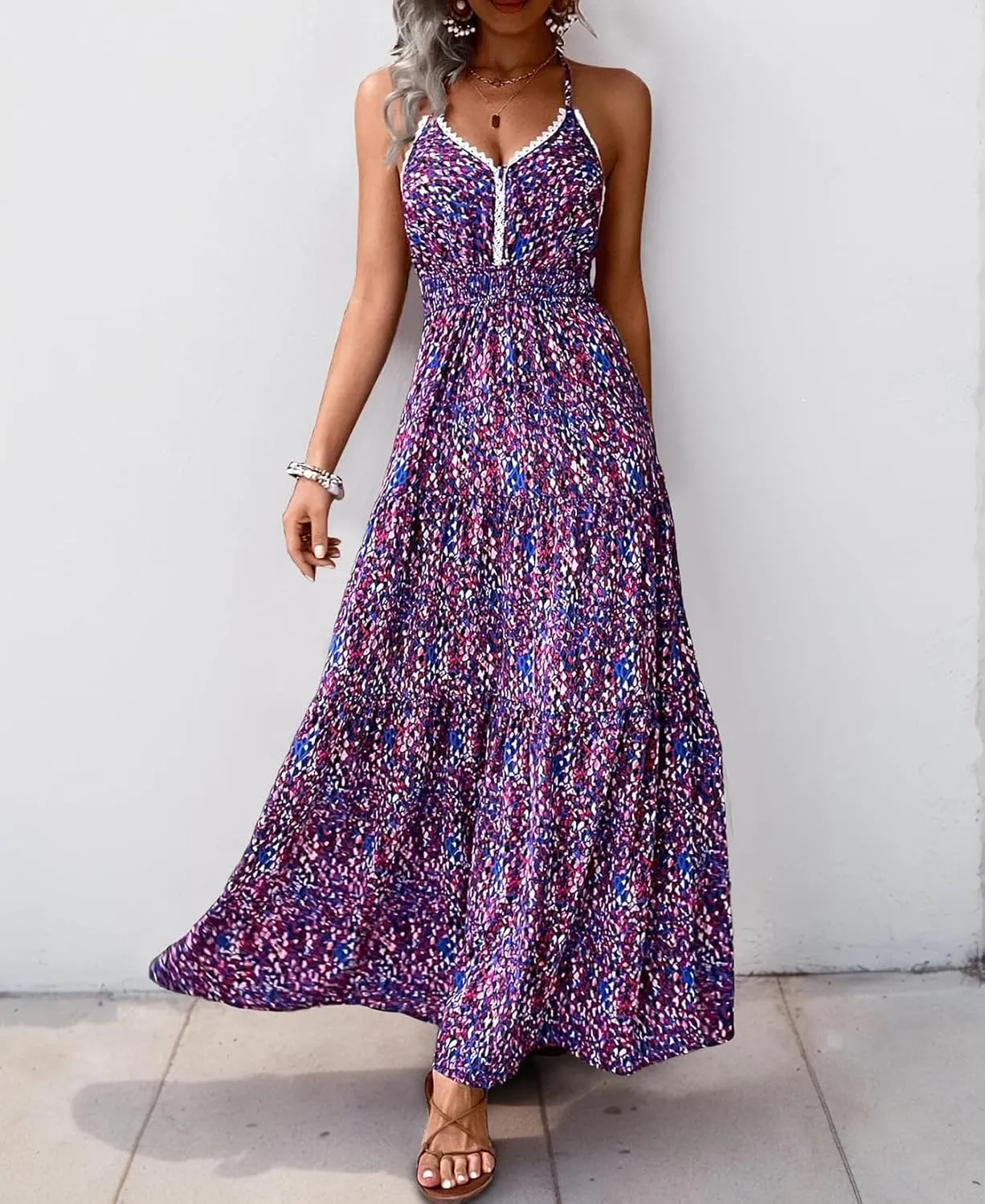 Womens Summer Floral Halter Maxi Dress Sleeveless V Neck Backless Dress Boho Side Slit Beach Sexy Long Flowy Sundress