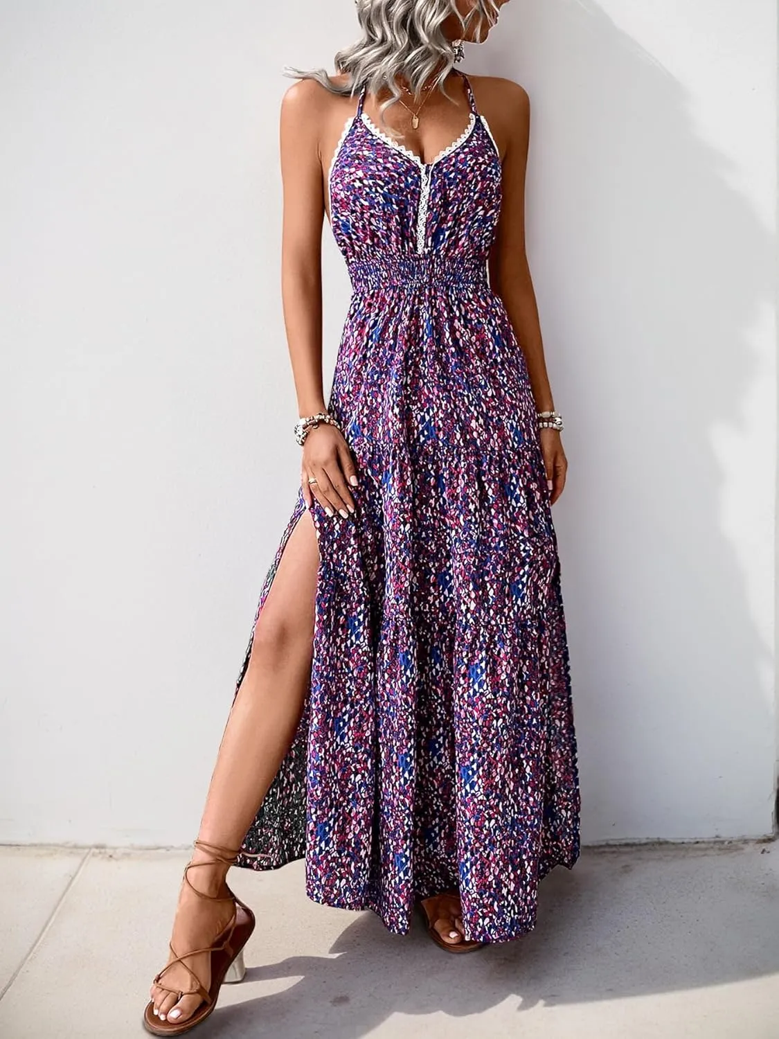 Womens Summer Floral Halter Maxi Dress Sleeveless V Neck Backless Dress Boho Side Slit Beach Sexy Long Flowy Sundress