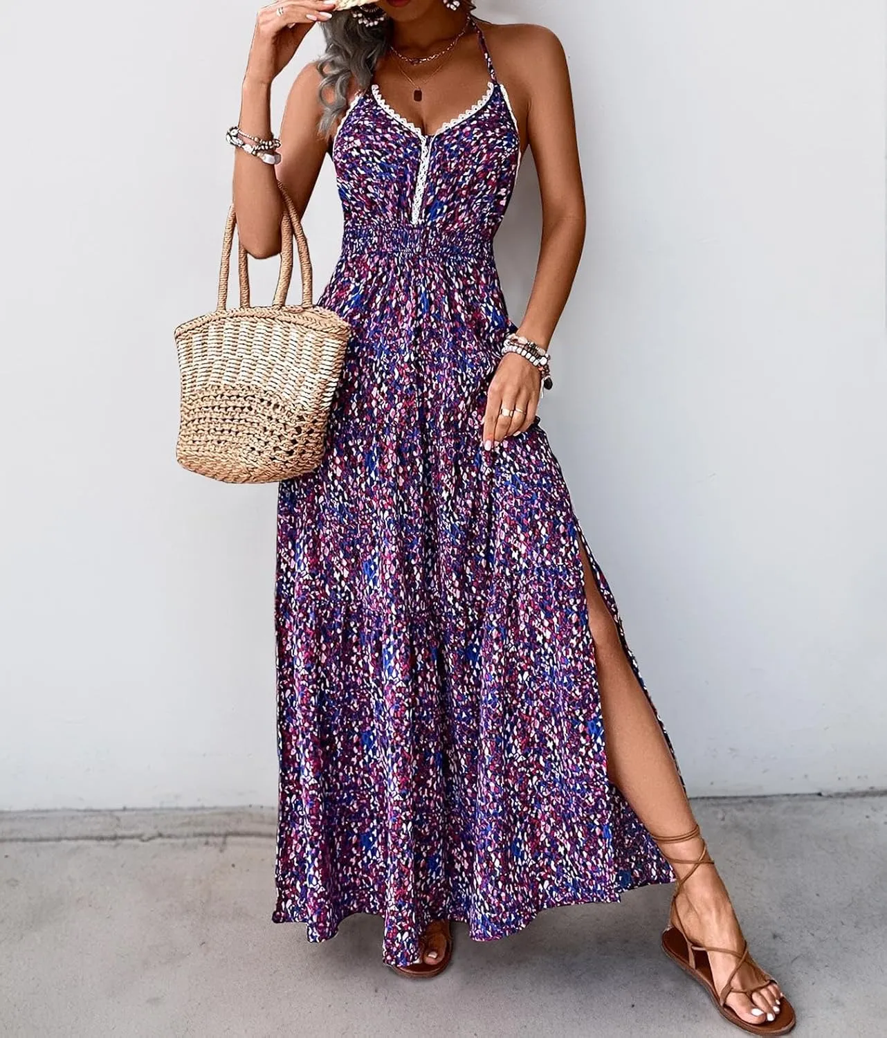 Womens Summer Floral Halter Maxi Dress Sleeveless V Neck Backless Dress Boho Side Slit Beach Sexy Long Flowy Sundress