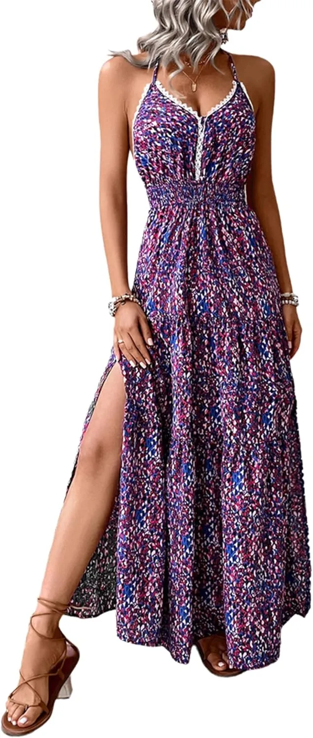 Womens Summer Floral Halter Maxi Dress Sleeveless V Neck Backless Dress Boho Side Slit Beach Sexy Long Flowy Sundress