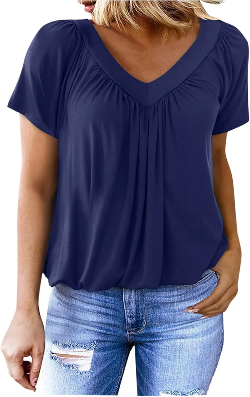 Women's Summer Short Sleeve Shirts, Fashion Pleated V-Neck Casual Tops Comfy Soft Breathable Clothes