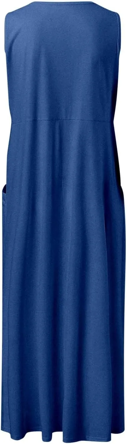 Women's Summer Solid Color Sleeveless V Neck Dress Elegant Loose Fit Casual Maxi Dress with Pockets Comfortable