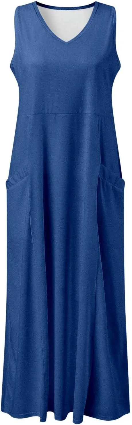 Women's Summer Solid Color Sleeveless V Neck Dress Elegant Loose Fit Casual Maxi Dress with Pockets Comfortable
