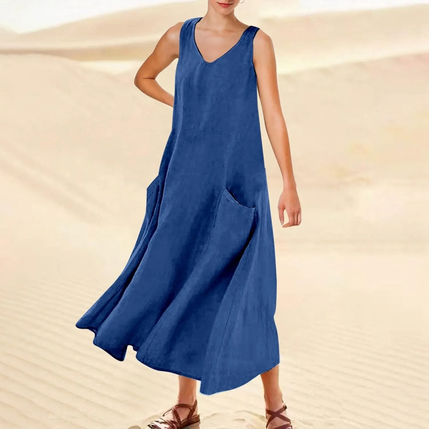 Women's Summer Solid Color Sleeveless V Neck Dress Elegant Loose Fit Casual Maxi Dress with Pockets Comfortable