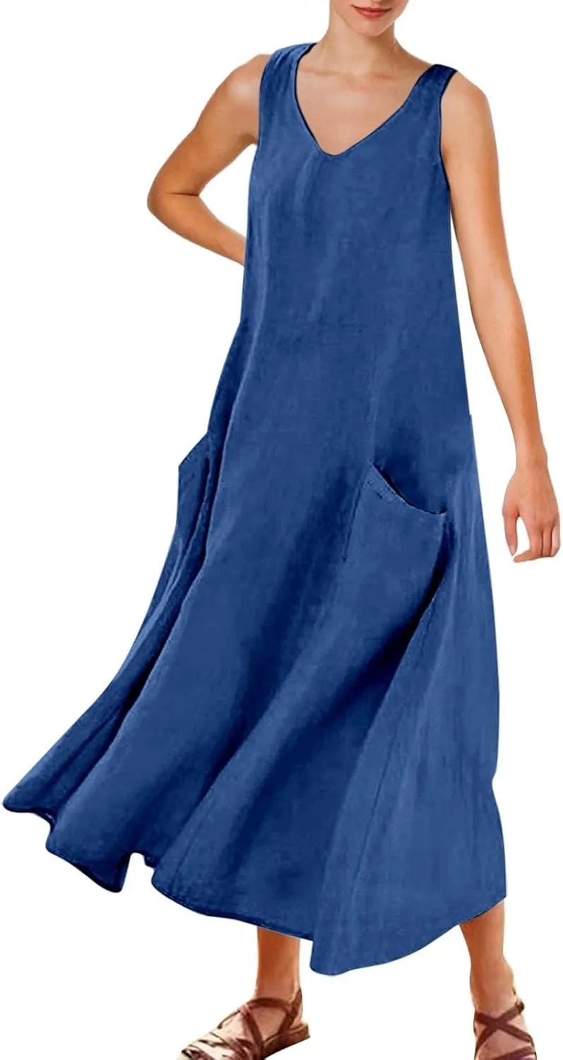 Women's Summer Solid Color Sleeveless V Neck Dress Elegant Loose Fit Casual Maxi Dress with Pockets Comfortable