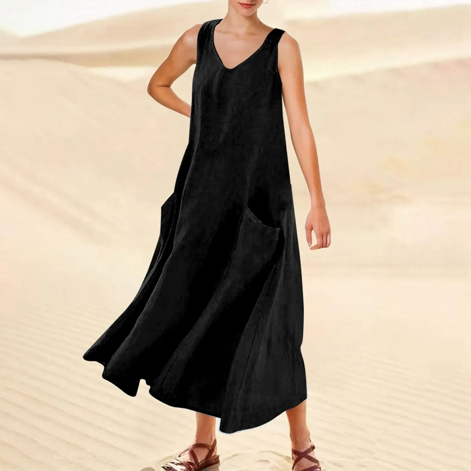 Women's Summer Solid Color Sleeveless V Neck Dress Elegant Loose Fit Casual Maxi Dress with Pockets Comfortable
