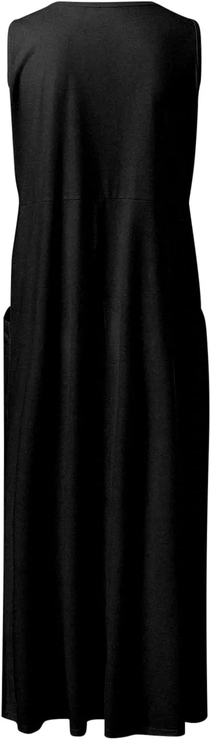Women's Summer Solid Color Sleeveless V Neck Dress Elegant Loose Fit Casual Maxi Dress with Pockets Comfortable