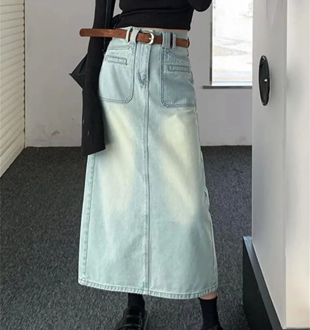 Women's Vintage Washed Denim Skirt High Waist A-Line Korean Style Casual Stretch Jean Skirt Comfortable Mid-Length