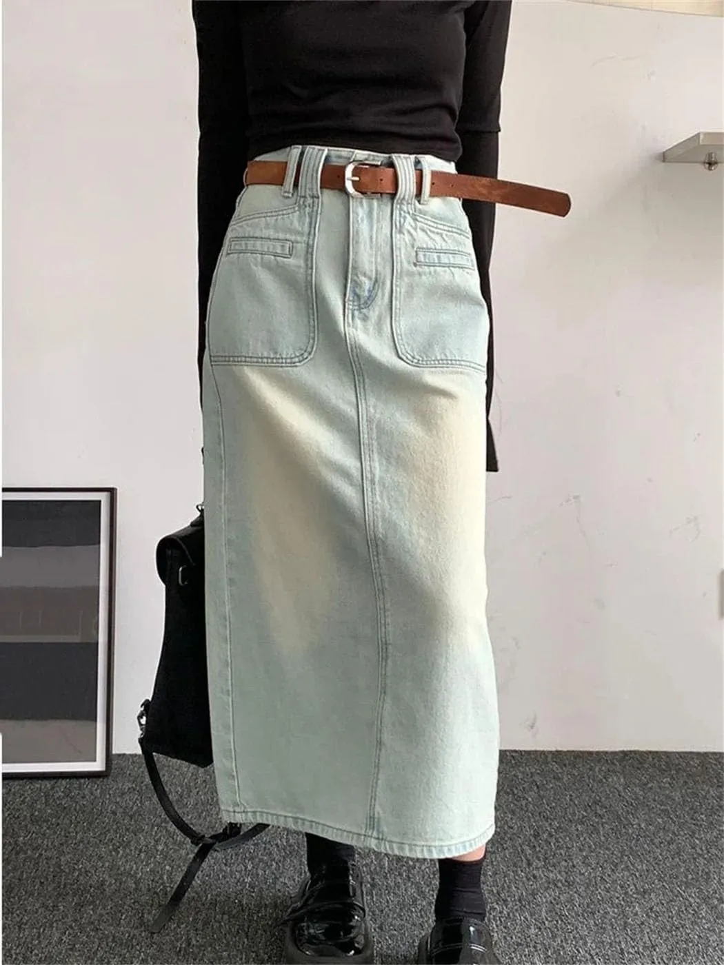Women's Vintage Washed Denim Skirt High Waist A-Line Korean Style Casual Stretch Jean Skirt Comfortable Mid-Length