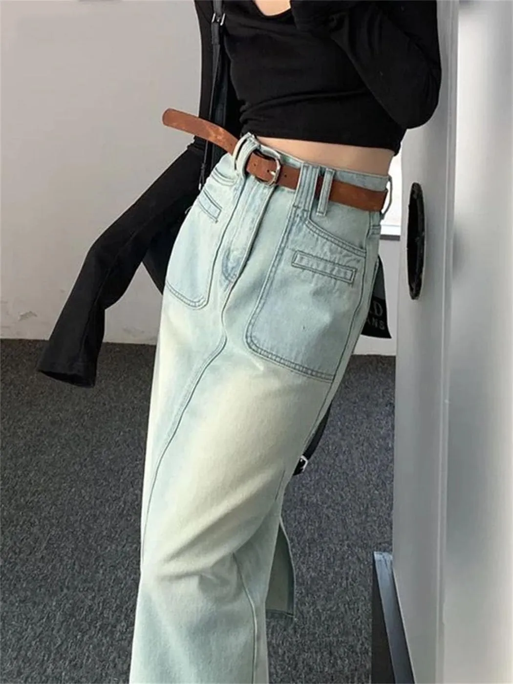Women's Vintage Washed Denim Skirt High Waist A-Line Korean Style Casual Stretch Jean Skirt Comfortable Mid-Length